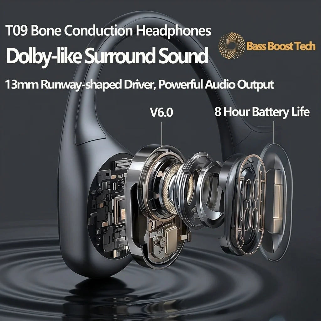 T09 Open-Ear Sports Bone Conduction Headphones, Wireless 6.0, 10H Battery, Soft Rubber Coating