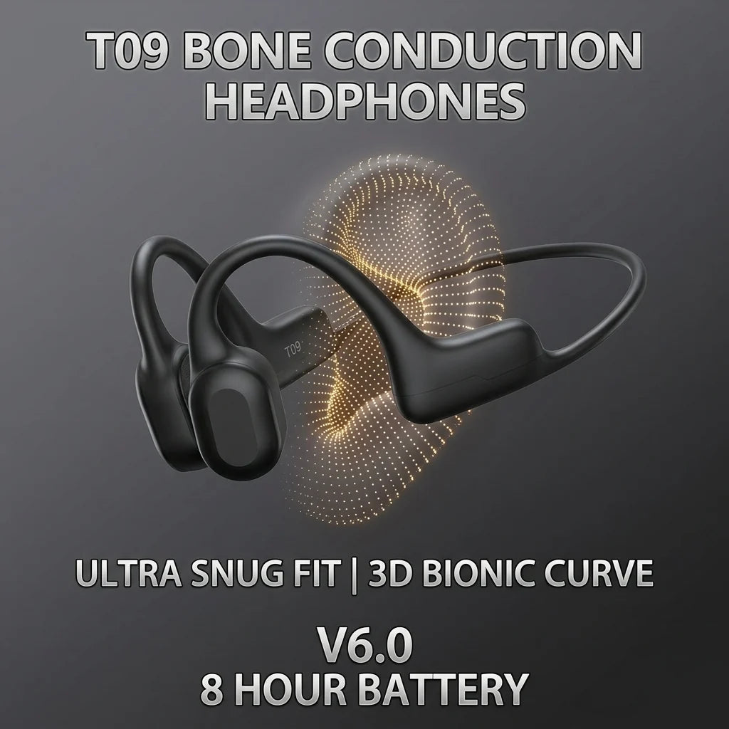 T09 Open-Ear Sports Bone Conduction Headphones, Wireless 6.0, 10H Battery, Soft Rubber Coating